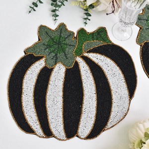 Handmade Beaded Pumpkin Placemat Fabric <b>Table</b> Mat Novelty Design Black White Stripes Green Leaves Custom Shape - Product Image 3