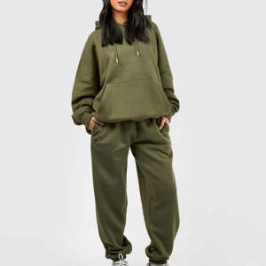 Ensemble de survêtement d'hiver pour femmes grande taille, couleur unie, sweat-shirt 100% coton avec pantalon de jogging deux pièces - Product Image 4