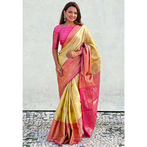 Sari Leheriya en soie Kanjivaram jaune, tissu doux, tissage Zari traditionnel, vêtements indiens et pakistanais, Elite Weaves 0.6g - Product Image 4