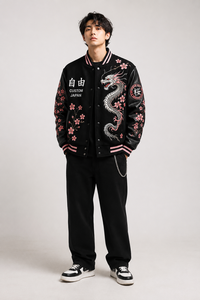 Chaqueta Bomber Japonesa Personalizada para Hombre, Negra, 100% Lana, Bordado de Dragón y Flor de Cerezo, Cuello Redondo, Capucha, Mangas de Cuero, Talla XL - Product Image 4
