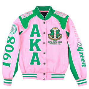 AKA <b>Pink</b> Racing Twill <b>Jacket</b> Embroidered Letterman Style Snap Button Varsity <b>Jacket</b> Women Premium Fashion Outerwear - Product Image 1