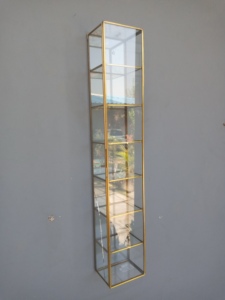 Modern <b>Wall</b> <b>Mounted</b> Glass <b>Shelf</b> with Brass Frame Five Tier Storage Organizer Hut Shape Lacquer Finish for Living Room Decor - Product Image 4