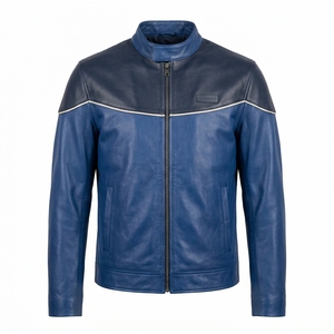Wholesale Mens Two Tone Blue <b>Leather</b> <b>Biker</b> <b>Jacket</b> Contrast White Piping Snap Tab Stand Collar Cafe Racer B2B Custom Manufacturer - Product Image 1