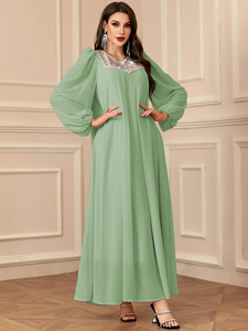 Vestido de Noche Largo para Mujer, Estilo Modesto, Liso, Recto, de Gasa, con Manga Regular, Cuello Transpirable, Ecológico, Cintura Natural, Sencillo - Product Image 1