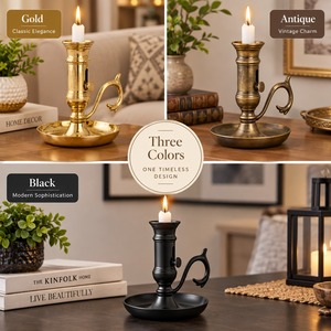 Gold Brass Chamberstick <b>Candle</b> Holder Handled Taper Stand Adjustable Height Slider Round <b>Dish</b> Base Tabletop Centerpiece Decor - Product Image 3