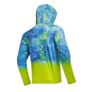 UPF 50 Anti UV Protection Pullover Top Men's Long Sleeve <b>Hooded</b> Fishing <b>Shirt</b> With Gradient Blue Green Print Sublimation Design - Product Image 3