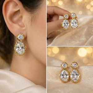 Boucles d'oreilles pendantes en moissanite taille ovale et ronde, plaqué or rhodié avec argent 925, pour femme, cadeau de charme pour fête - Product Image 4