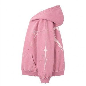 Sweat à capuche pull-up personnalisé pour homme, coupe oversize, en polaire, style streetwear hiver, délavé à l'acide, effet usé, ourlet brut, vintage, style hip-hop, 100% - Product Image 3