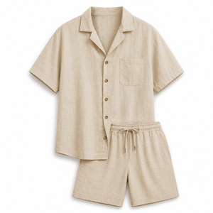 Ensemble de pyjama décontracté pour homme en mélange de lin teint en pièce, chemise à manches courtes à col et short à taille élastique, tenue d'été pour la détente et le sommeil - Product Image 6