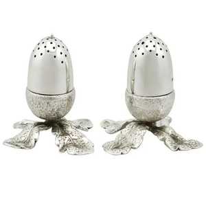 Antique Style Silver Acorn <b>Salt</b> and Pepper Shakers Set Novelty Leaf Base Pedestal Metal Cruet Traditional Spice Dispenser - Product Image 1