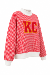 เสื้อสเวตเตอร์คอกลมลายตารางสีแดงปักตัวอักษร KC ผู้หญิงลำลองแขนยาวสวมใส่ในฤดูใบไม้ร่วง - Product Image 5