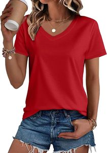 <b>Red</b> V Neck Women <b>Tshirt</b> Summer Short Sleeve Regular Fit Casual Business Office Wear 100% Cotton Knitted - Product Image 2