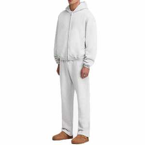 Conjunto de Sudadera con Capucha y Pantalones de Chándal Acampanados de Forro Polar para Hombre, Blancos, con Lavado Ácido, Cremallera Completa, Estilo Vintage, Desgastado, Lavado a la Piedra, Color Liso, Casual - Product Image 4