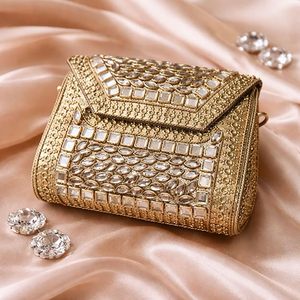 Luxury Gold Embellished Clutch <b>Bag</b> | Designer Mirror Work & Stone <b>Studded</b> Handbag with Chain Strap only for Women & Girls - Product Image 3