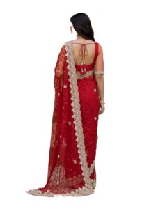 <b>Red</b> Embroidered Saree With Pearl Work For Wedding Women's Indian Ethnic Wear Traditional Floor Length Sari - Product Image 3