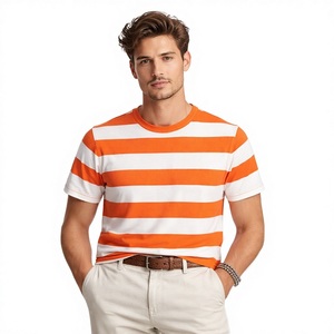 เสื้อยืดคอกลมแขนสั้นผู้ชาย ลายทางสีส้มขาว ผ้าฝ้าย ทรงหลวม สวมใส่สบาย  ปรับแต่งได้ ไซส์ใหญ่พิเศษ  แบบเรียบ - Product Image 1