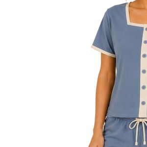 Blue And Ivory Women Two Piece Shorts Set Square Neck Button <b>Top</b> <b>Cat</b> Umbrella Print Casual Summer Cotton Lounge Wear Outfit - Product Image 3