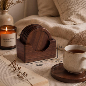 Walnut Wooden Drink Coasters Round <b>Table</b> <b>Protector</b> Minimalist Beverage Coaster Set for Coffee Cups Mugs Glasses Kitchen Dining - Product Image 2