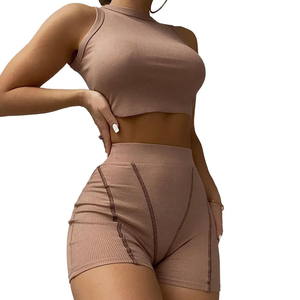 Women Ribbed Knit <b>Crop</b> <b>Top</b> Shorts Set Sleeveless <b>Turtleneck</b> Sporty Printed Streetwear Skinny Fit Polyester Cotton Breathable - Product Image 2