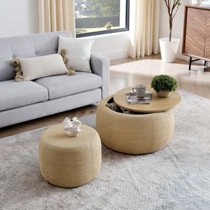 2-in-1 Round Storage Ottoman Woven Rattan Fabric with Small <b>Seat</b> Work & End Table Nature-Inspired 25"x2" <b>Stool</b> & Ottoman - Product Image 3