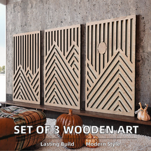 Ensemble de décoration intérieure, 3 sculptures murales modernes en bois à suspendre - Grandes décorations murales durables - Product Image 2
