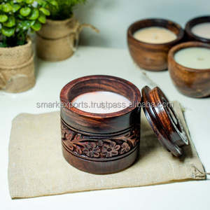 Porte-bougie en bois sculpté artisanal de qualité supérieure avec couvercle et bougie en cire naturelle pour une décoration intérieure chaleureuse et des cadeaux festifs - Product Image 2
