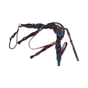 Conjunto de cabezada y pechopetral de cuero personalizados para caballo, estilo inglés, con diseño floral turquesa repujado, para carreras de barriles - Product Image 1