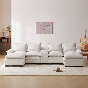 Nuovo Divano a U Moderno da Interno 123*55 Pollici, Simmetrico, 6 Posti Imbottiti con Chaise Longue, Portabicchieri e Porte USB, Video Disponibile - Product Image 2