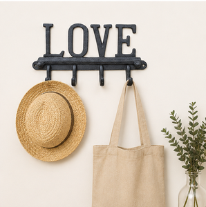 Decorative Love Sign Wall Mounted Key Holder Heavy Duty Cast Iron 4-<b>Hook</b> Rack For Entryway Rust-Resistant Matte Black Hanger - Product Image 4
