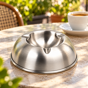 Cendrier en acier inoxydable avec couvercle en forme de dôme, en métal argenté brossé, porte-cigarettes pour table extérieure et patio - Product Image 3