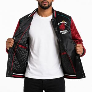 Veste de baseball en satin noir, couleur de l'équipe de basket de Miami, broderie personnalisée, vêtements d'équipe sportive, fabricant en gros - Product Image 4