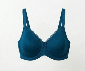 Soutien-gorge pour femme bleu sarcelle à armatures, bonnet complet, bretelles réglables, bordure en dentelle, dos en Y, fermeture à trois agrafes, respirant, en Spandex et Nylon - Product Image 1