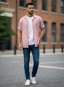 เสื้อเชิ้ตผู้ชายคุณภาพสูงสั่งทำพิเศษ สไตล์ลำลองและเป็นทางการ พิมพ์ลายบาติกด้วยมือ ปิดกระดุม แขนครึ่งตัว ลายทาง ผ้าฝ้าย 100% ระบายอากาศได้ดี - Product Image 5