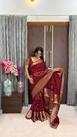 Saree Sutra Tradisional Wanita India Warna Maroon dengan Hiasan Zari Emas, Panjang Lantai, Pakaian Pernikahan, Cocok untuk Semua Musim, Ukuran Reguler