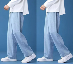 Men's Light Blue Washed Denim Wide Leg <b>Pants</b> Elastic Waist Drawstring Casual Style Cotton Material Breathable <b>Summer</b> Fashion - Product Image 5