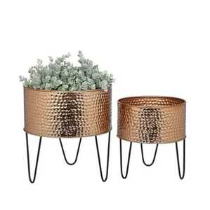 Pot de fleurs en cuivre martelé avec pieds en forme d'épingle à cheveux, support rond en laiton pour plantes d'intérieur, conteneur en métal - Product Image 1