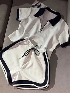 Women White Two-Piece Sporty Set Short Sleeve Turn-down Collar Top High Waist Shorts Solid Color Breathable Side Stripe - Product Image 2
