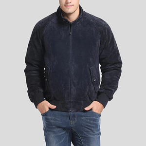 Blouson en daim bleu marine pour homme, col montant, style bomber, en daim de chèvre souple de luxe, coupe ajustée, vêtement d'extérieur décontracté - Product Image 3