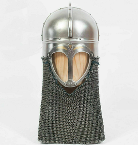 Polished steel helmet featuring a wide brow/spectacle <b>frame</b> with vertical line engraving, central top spike, attached chainmail - Product Image 5