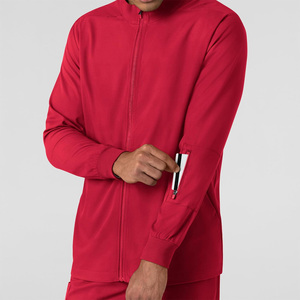 Men's <b>Red</b> Medical Scrub Jacket Full Zip Long Sleeve Polyester Uniform Outerwear Hospital Workwear Apparel - Product Image 2