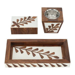 Floral Wood Inlay Incense Burner Set Bulk Luxury Mango Wood Bakhoor Censer with White Resin Inlay <b>Matching</b> Storage <b>Box</b> and Tray - Product Image 1