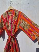 Robe en tricot de luxe pour femme à imprimé floral, col en V, cordon de serrage, manches 3/4, longueur cheville, 100 % coton 220g, respirante pour l'été