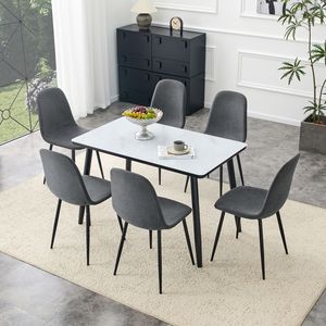 Tavolo da Pranzo Moderno Bianco con Effetto Marmo, Piano in Vetro, Base Inferiore in MDF Nero e Gambe in Metallo Nero, Set Tavolo e Sedie - Product Image 2