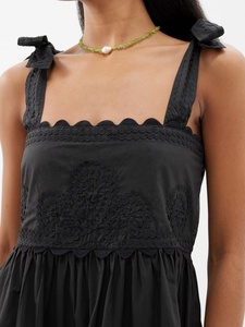 Mini-robe noire élégante à col carré, broderie florale, dentelle, sexy, en popeline de coton, avec nœud, grande taille, sans manches, coupe trapèze - Product Image 2