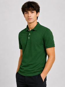 Chemise Formelle Homme Verte 100% Coton Tricotée Unie avec Logo Avant Manches Courtes Boutonnée Col Golf Uniforme Séchage Rapide - Product Image 4
