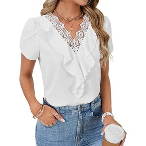 Haut d'été en polyester tricoté à manches courtes avec dentelle, imprimé style européen et américain pour femme - Product Image 1