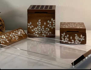 Natural Wood & Mother of Pearl Box Acrylic Tray With Wood Handle for Ramadan and Eid Specials by United Trade World - Product Image 4