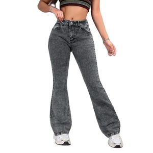 Vaqueros de mujer personalizados de cintura alta, elásticos, ajustados, acampanados, estilo bootcut, en gris, azul oscuro, rasgados, de mezclilla lavada, para verano y otoño. - Product Image 1