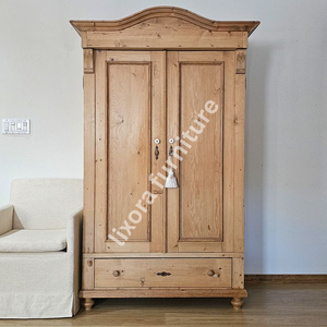 Armoire de rangement de luxe en bois massif artisanal à 2 portes avec tiroir de base, finition naturelle - Product Image 4