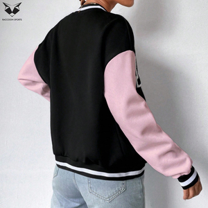 Women’s Black and Pink Letterman <b>Jacket</b> Embroidered M <b>Patch</b> Full Sleeve Zipper Front Turn Down Collar Casual Autumn Varsity Wear - Product Image 4